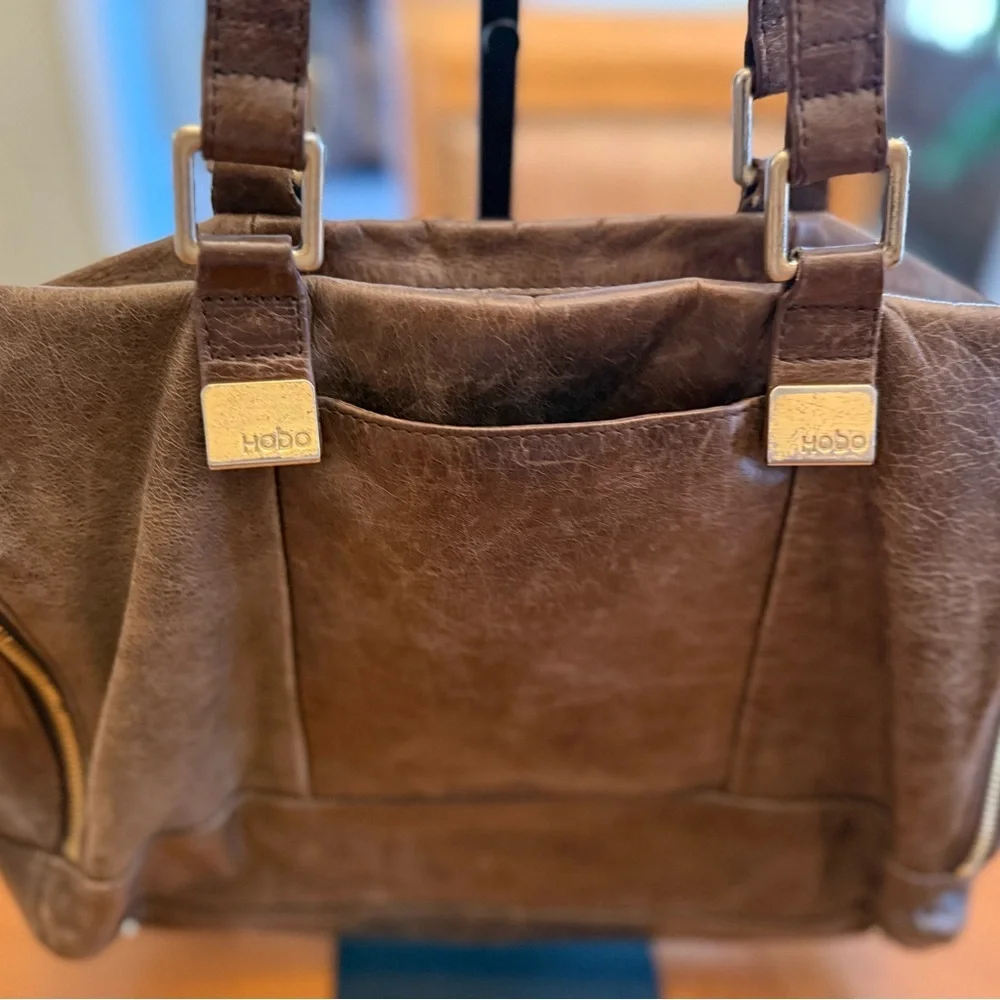 hobo handbag Brown Leather Distressed Multi Pockets Slouchy Everyday Purse hippy